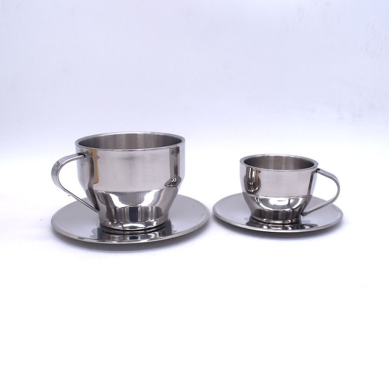 Mocha set de căni de cafea din oțel inoxidabil, cu pereți dubli, cu farfurie din oțel inoxidabil, pentru restaurant.