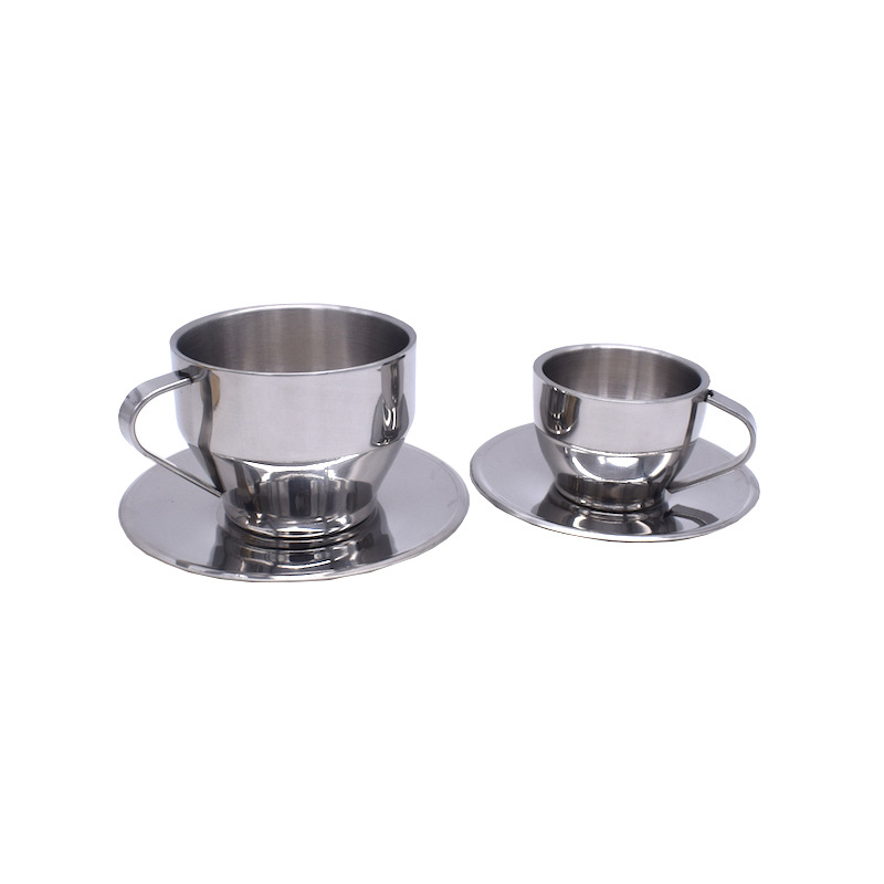 Mocha set de căni de cafea din oțel inoxidabil, cu pereți dubli, cu farfurie din oțel inoxidabil, pentru restaurant.