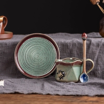Set hexagonal de cești cu suport și farfurie, ceramică în stil european retro pentru ceai de după-amiază creativ.