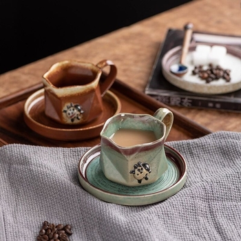 Set hexagonal de cești cu suport și farfurie, ceramică în stil european retro pentru ceai de după-amiază creativ.