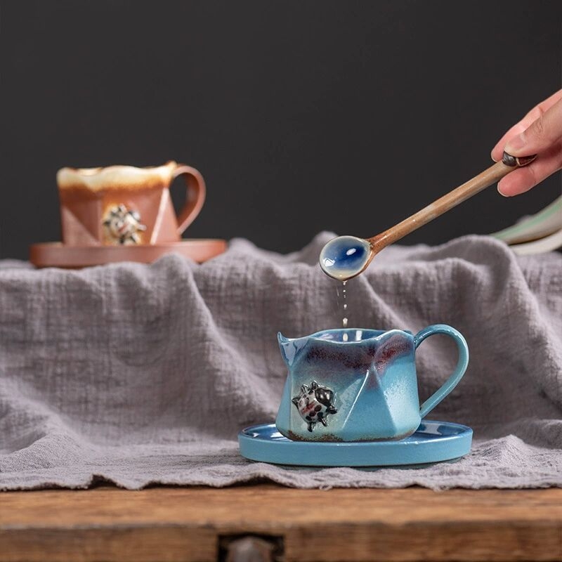 Set hexagonal de cești cu suport și farfurie, ceramică în stil european retro pentru ceai de după-amiază creativ.