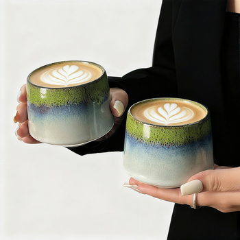 Set de cești și farfurioare pentru cafea cu design gradient retro, cești compacte pentru latte art, ceramică pentru uz casnic