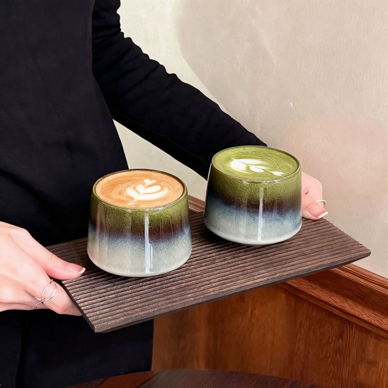 Set de cești și farfurioare pentru cafea cu design gradient retro, cești compacte pentru latte art, ceramică pentru uz casnic