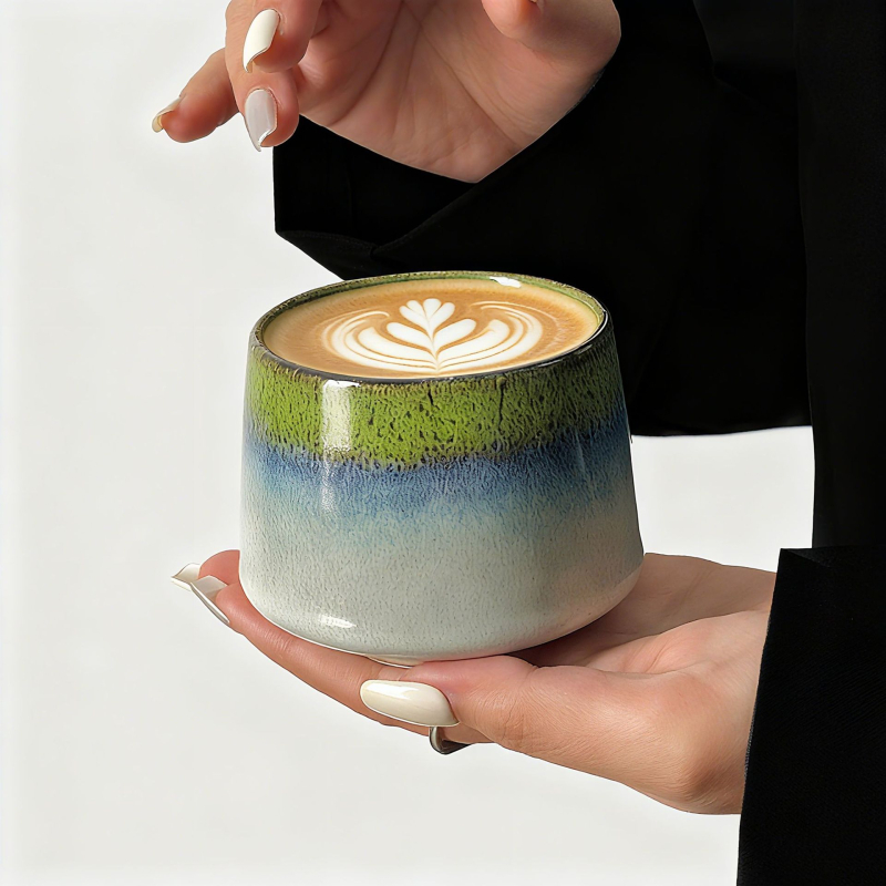 Set de cești și farfurioare pentru cafea cu design gradient retro, cești compacte pentru latte art, ceramică pentru uz casnic