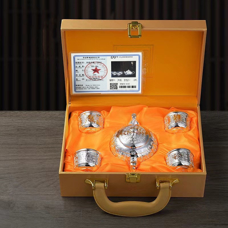 Set de ceai Bai Fu Kung Fu, cu ceainic și accesorii, 3 piese / 5 piese, placat cu argint, cutie cadou
