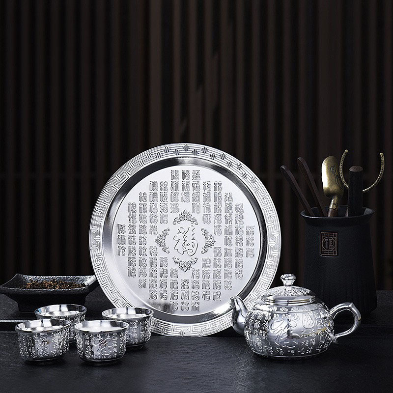 Set de ceai Bai Fu Kung Fu, cu ceainic și accesorii, 3 piese / 5 piese, placat cu argint, cutie cadou
