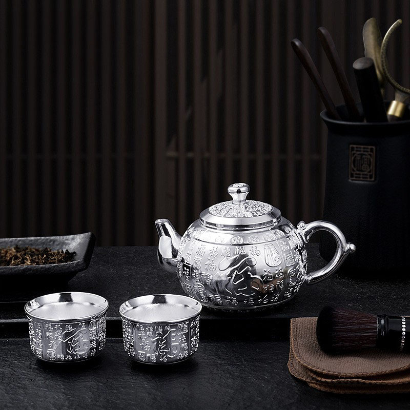 Set de ceai Bai Fu Kung Fu, cu ceainic și accesorii, 3 piese / 5 piese, placat cu argint, cutie cadou