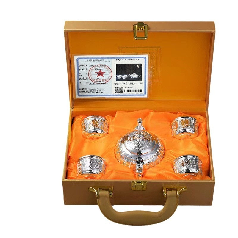 Set de ceai Bai Fu Kung Fu, cu ceainic și accesorii, 3 piese / 5 piese, placat cu argint, cutie cadou