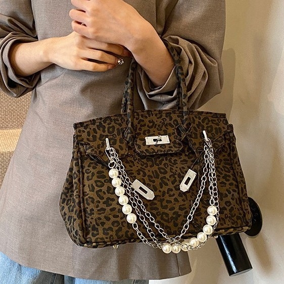Ženska torba s leopard printom i platinskim hardverom, Kelly stil crossbody torba, velika zapremina, PU koža