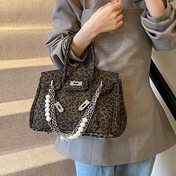 Ženska torba s leopard printom i platinskim hardverom, Kelly stil crossbody torba, velika zapremina, PU koža