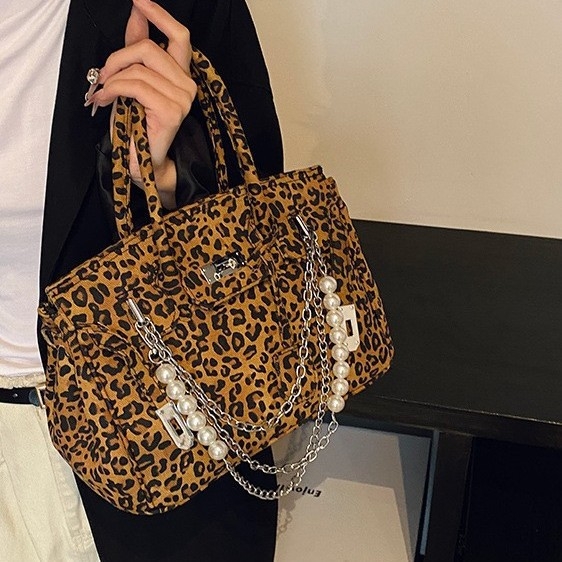 Ženska torba s leopard printom i platinskim hardverom, Kelly stil crossbody torba, velika zapremina, PU koža