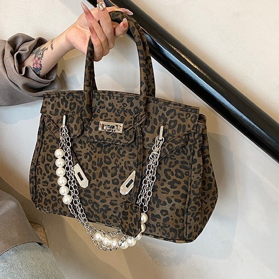 Ženska torba s leopard printom i platinskim hardverom, Kelly stil crossbody torba, velika zapremina, PU koža