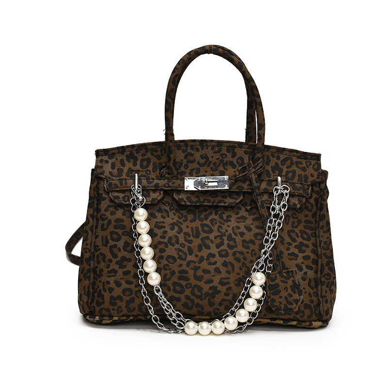 Ženska torba s leopard printom i platinskim hardverom, Kelly stil crossbody torba, velika zapremina, PU koža