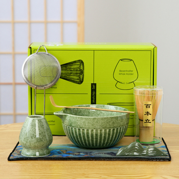 Set ceramic pentru matcha: bol pentru matcha și set de ustensile de ceai cu perie pentru matcha și tel de bambus