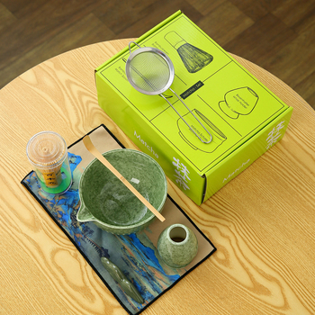 Set ceramic pentru matcha: bol pentru matcha și set de ustensile de ceai cu perie pentru matcha și tel de bambus