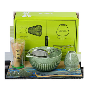 Set ceramic pentru matcha: bol pentru matcha și set de ustensile de ceai cu perie pentru matcha și tel de bambus