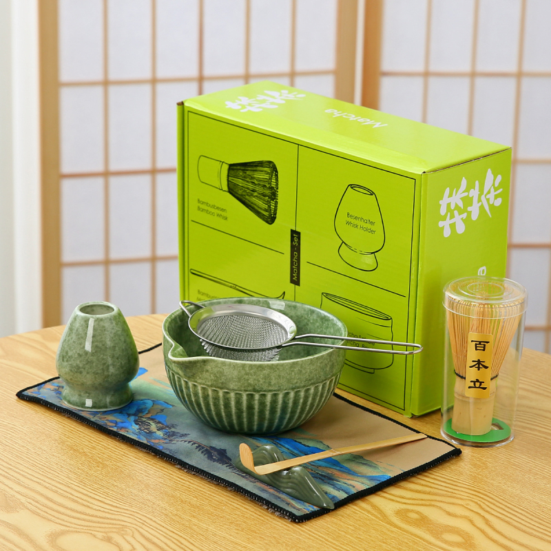Set ceramic pentru matcha: bol pentru matcha și set de ustensile de ceai cu perie pentru matcha și tel de bambus