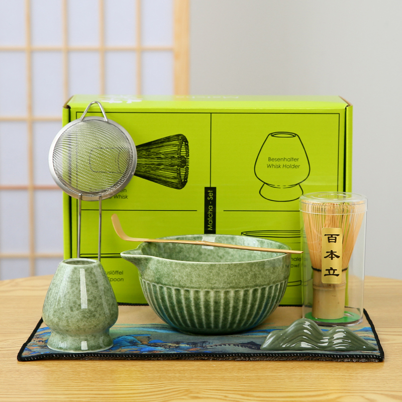 Set ceramic pentru matcha: bol pentru matcha și set de ustensile de ceai cu perie pentru matcha și tel de bambus
