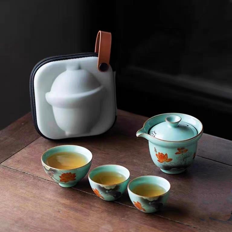 Set de ceai Ru Kiln pentru călătorii, kit portabil pentru o singură persoană, trei cești, ceramică de înaltă calitate