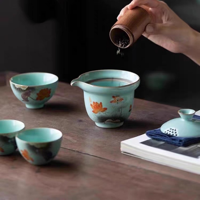 Set de ceai Ru Kiln pentru călătorii, kit portabil pentru o singură persoană, trei cești, ceramică de înaltă calitate