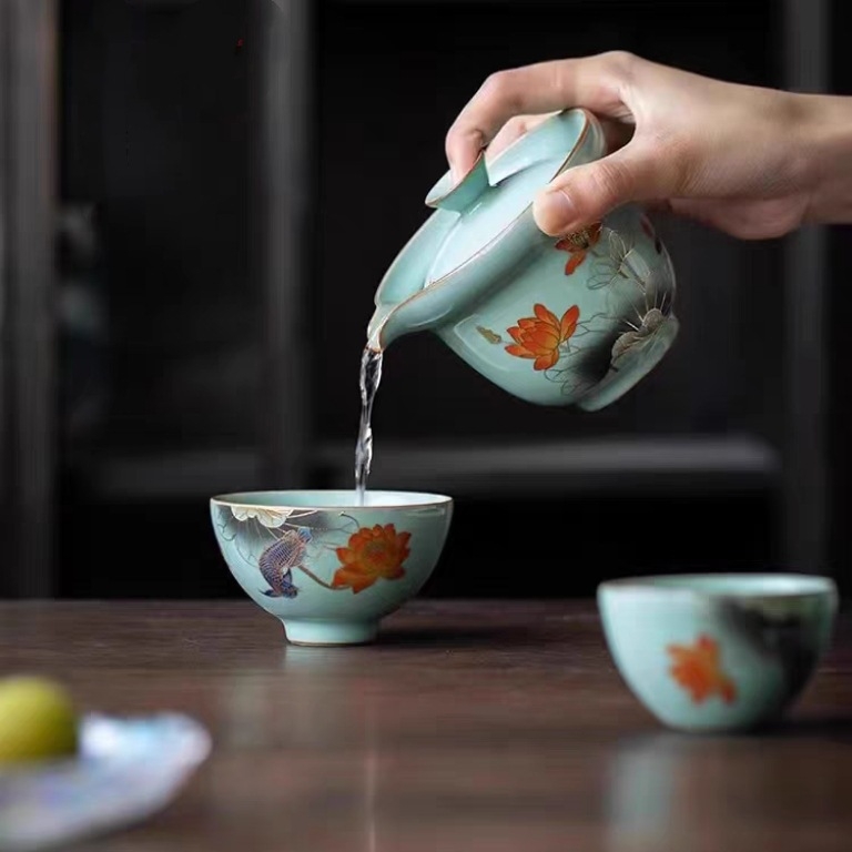 Set de ceai Ru Kiln pentru călătorii, kit portabil pentru o singură persoană, trei cești, ceramică de înaltă calitate
