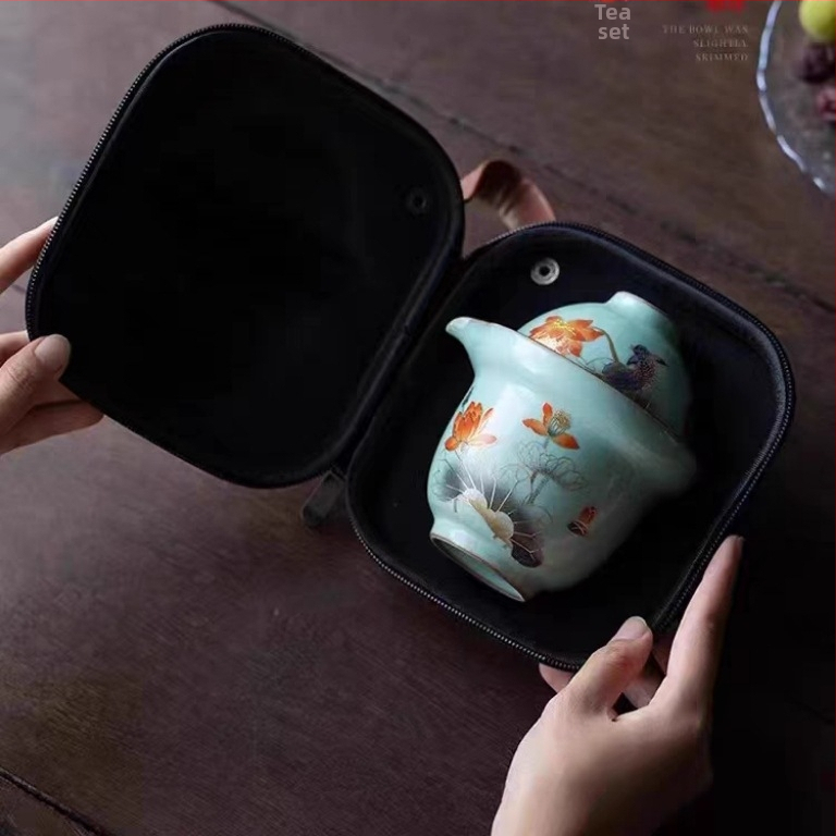 Set de ceai Ru Kiln pentru călătorii, kit portabil pentru o singură persoană, trei cești, ceramică de înaltă calitate