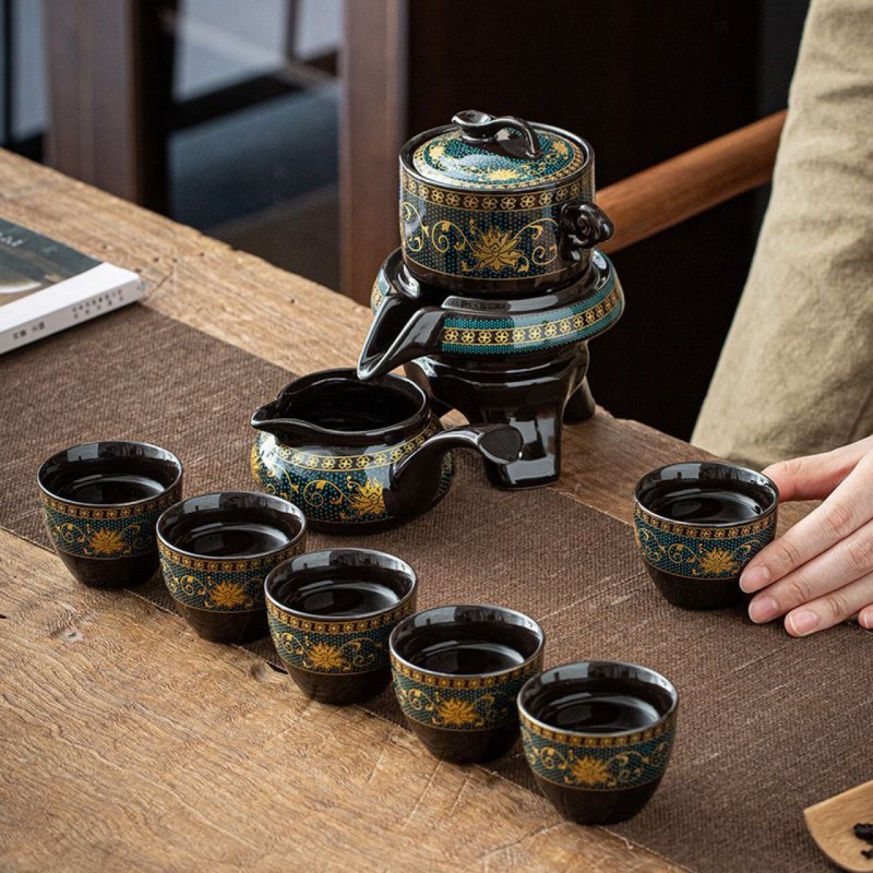 Set de ceai ceramic semi-automat într-o cutie cadou, pentru uz casnic, dispozitiv de preparare a ceaiului rotativ, porțelan alb