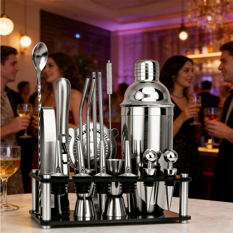 Set de shaker pentru cocktail din oțel inoxidabil cu bază acrilică și accesorii pentru whiskey