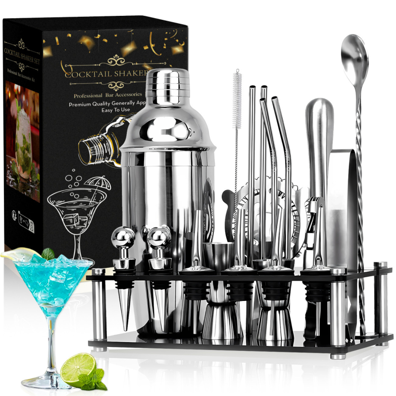 Set de shaker pentru cocktail din oțel inoxidabil cu bază acrilică și accesorii pentru whiskey