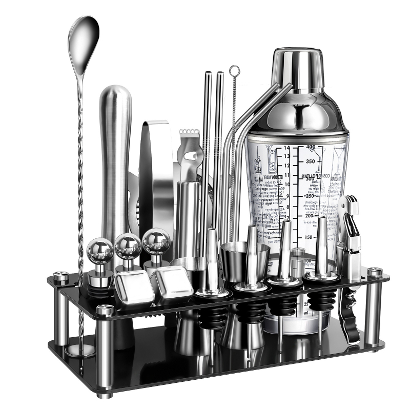 Set de shaker pentru cocktail din oțel inoxidabil cu bază acrilică și accesorii pentru whiskey