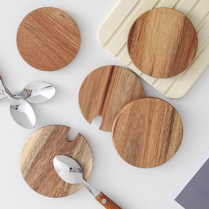 Capac circular universal din lemn de acacie pentru cești, utilizare casnică, multifuncțional pentru căni din ceramică și sticlă