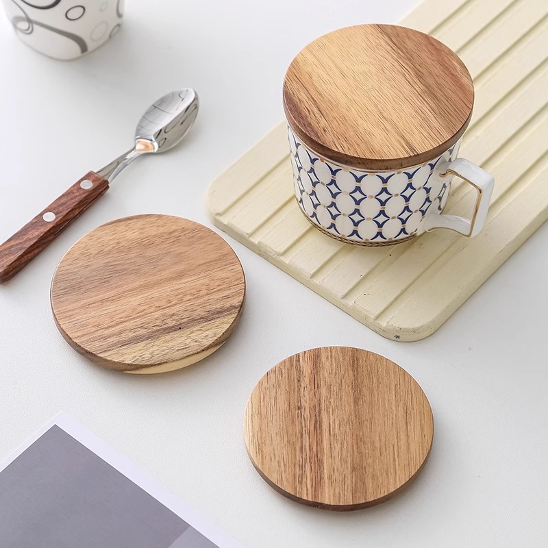 Capac circular universal din lemn de acacie pentru cești, utilizare casnică, multifuncțional pentru căni din ceramică și sticlă