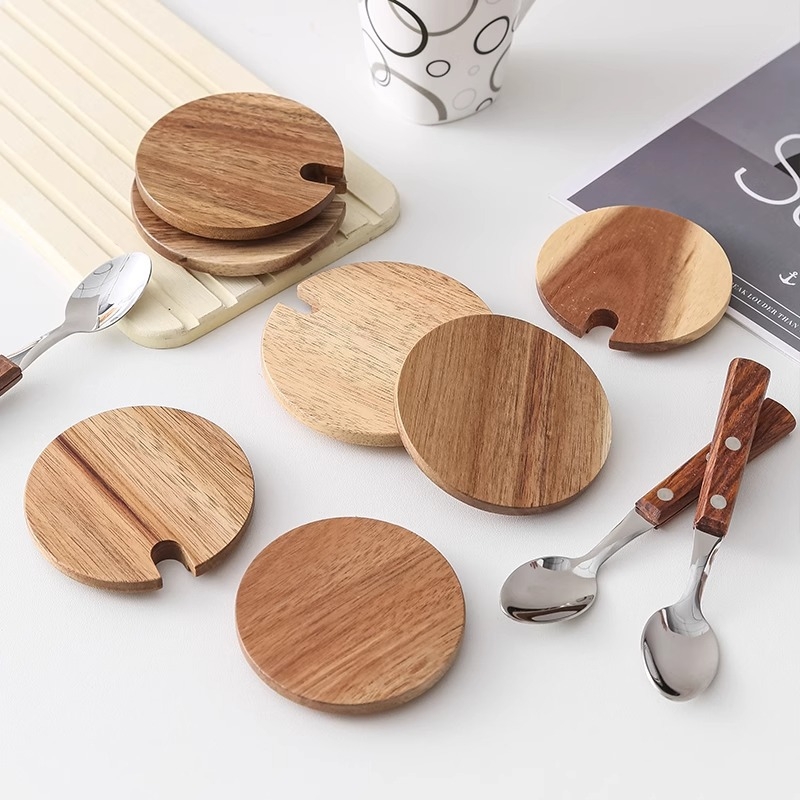 Capac circular universal din lemn de acacie pentru cești, utilizare casnică, multifuncțional pentru căni din ceramică și sticlă