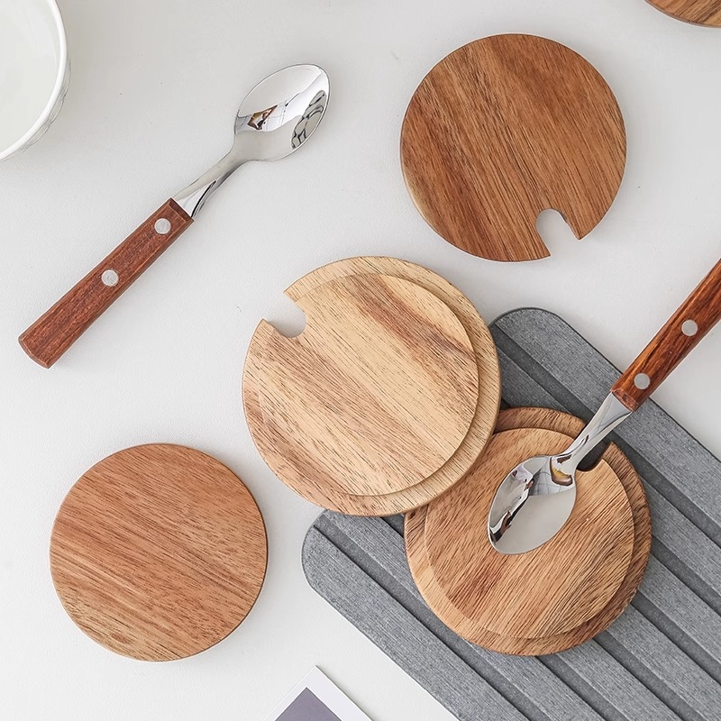 Capac circular universal din lemn de acacie pentru cești, utilizare casnică, multifuncțional pentru căni din ceramică și sticlă