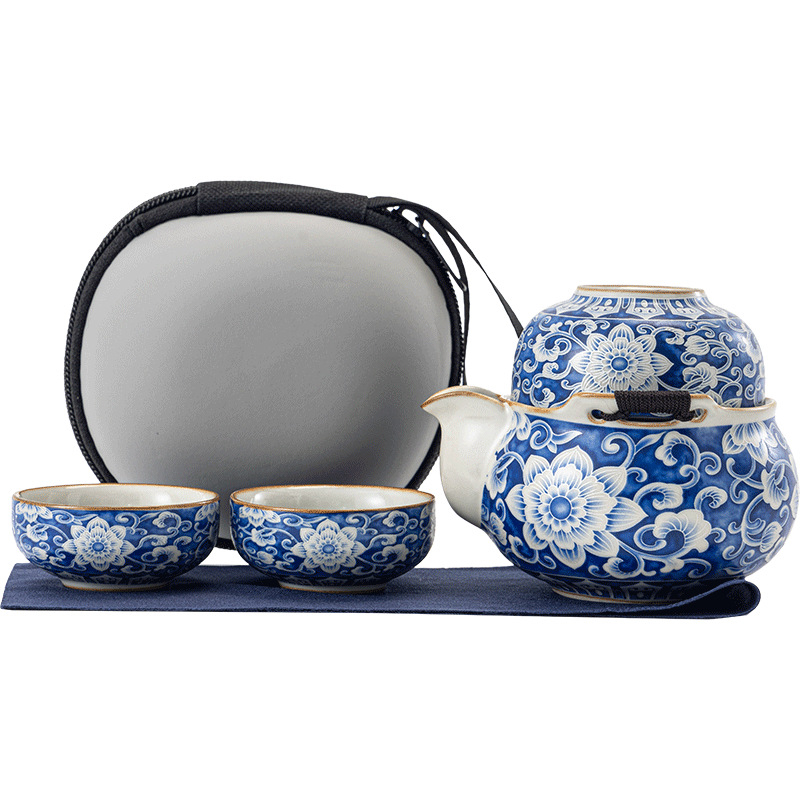 Set de ceai de călătorie din ceramică albastru-alb, stil Song Ru, ceainic cu mâner și două cești