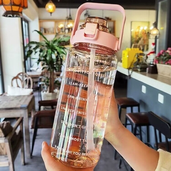 Sticlă de apă cu capacitate mare 2000 ml, sport, din plastic, cu pai, rezistentă la temperaturi înalte