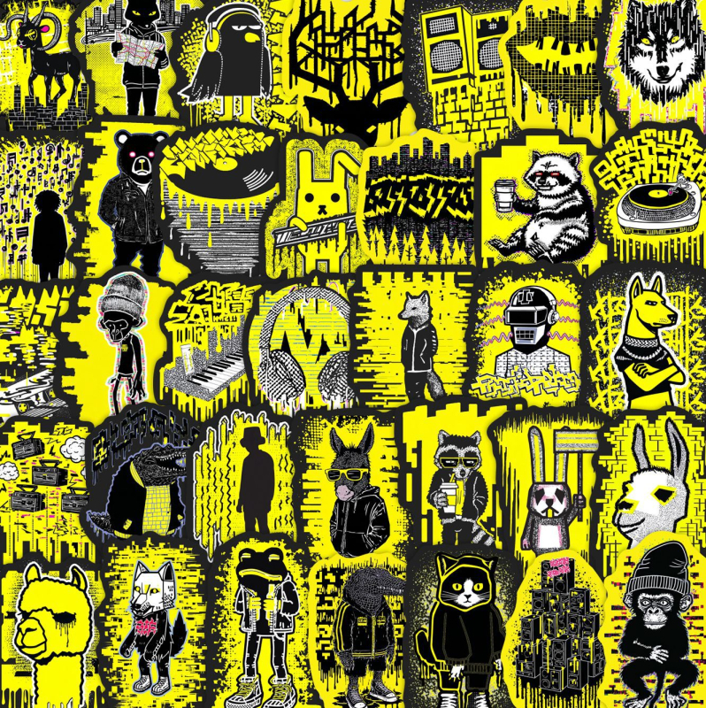 50 autocolante graffiti de stradă în stil american, negre și galbene, pentru husă de telefon, bagaj, sticlă de apă și jurnal – decorațiuni desen animate, en-gros
