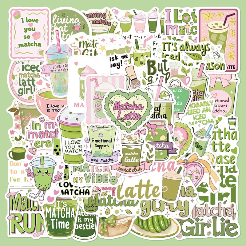 Set de 50 autocolante cu temă Matcha – autocolante decorative impermeabile pentru bagaj, husă de telefon, jurnal și sticlă de apă