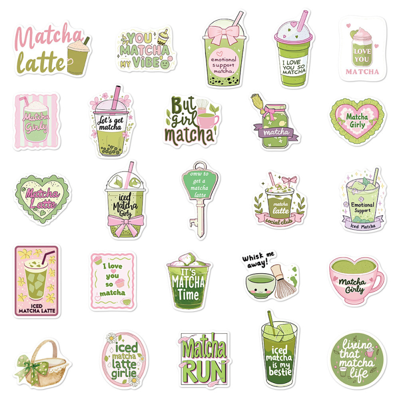 Set de 50 autocolante cu temă Matcha – autocolante decorative impermeabile pentru bagaj, husă de telefon, jurnal și sticlă de apă
