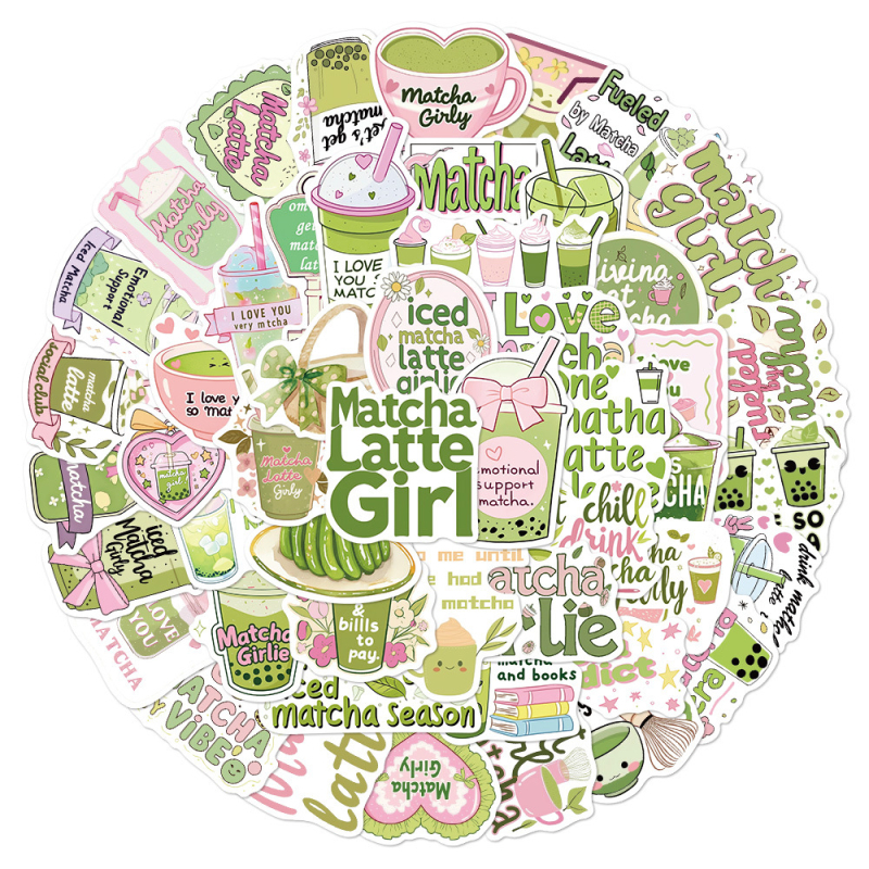 Set de 50 autocolante cu temă Matcha – autocolante decorative impermeabile pentru bagaj, husă de telefon, jurnal și sticlă de apă