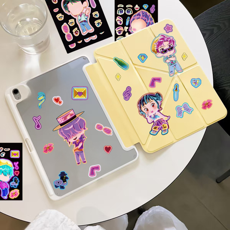 8 stickere neon cu grupul de fete vânătoare de demoni, în stil K-pop – set pentru caiet DIY, carcasă de telefon, sticlă de apă și chitară