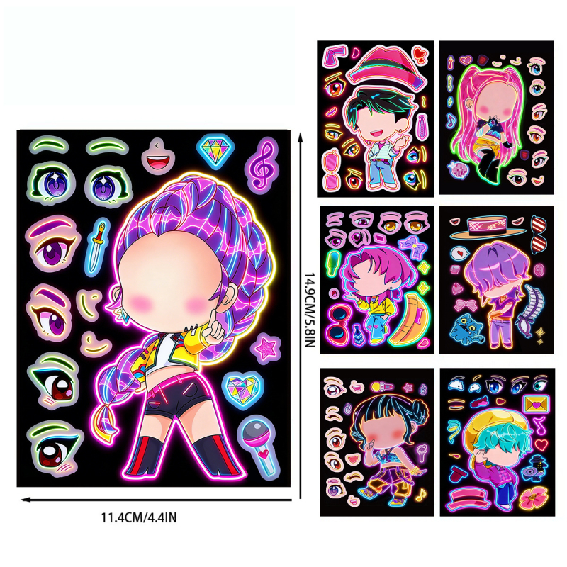 8 stickere neon cu grupul de fete vânătoare de demoni, în stil K-pop – set pentru caiet DIY, carcasă de telefon, sticlă de apă și chitară
