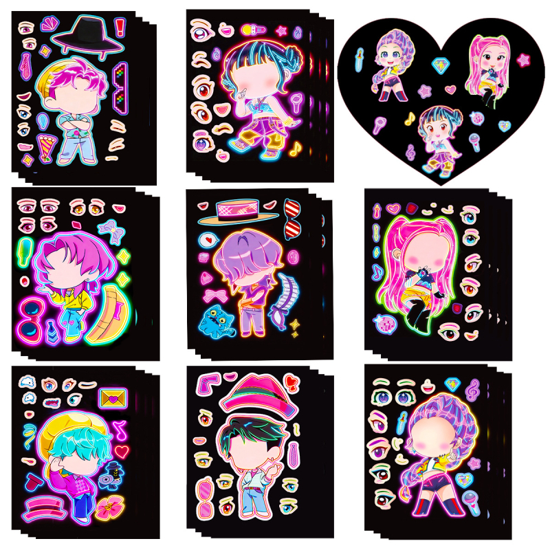 8 stickere neon cu grupul de fete vânătoare de demoni, în stil K-pop – set pentru caiet DIY, carcasă de telefon, sticlă de apă și chitară