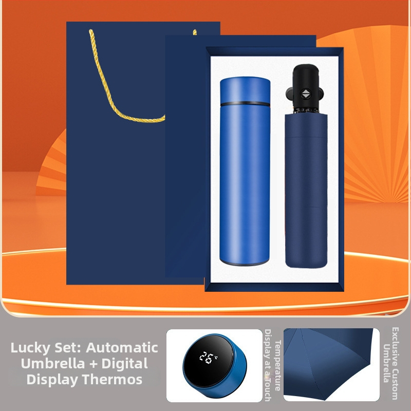 Set cadou termos cu cană termoizolantă și umbrelă cu logo imprimat pentru evenimente corporative