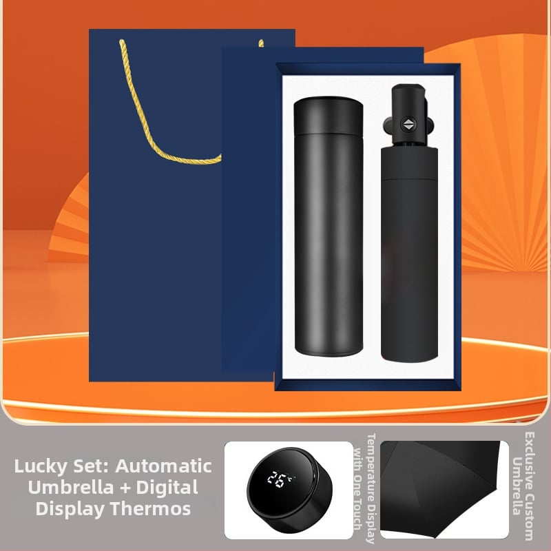 Set cadou termos cu cană termoizolantă și umbrelă cu logo imprimat pentru evenimente corporative