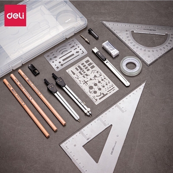 Deli 72156 Set de rigle și compas pentru desen tehnic, kit de desen pentru elev