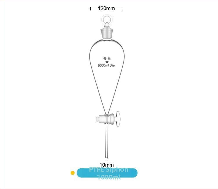 Hruškovitá separačná fľaša s PTFE piestom a skleneným piestom, plne fluorovaná, objem 250/500/1000 ml, chemické laboratórne vybavenie