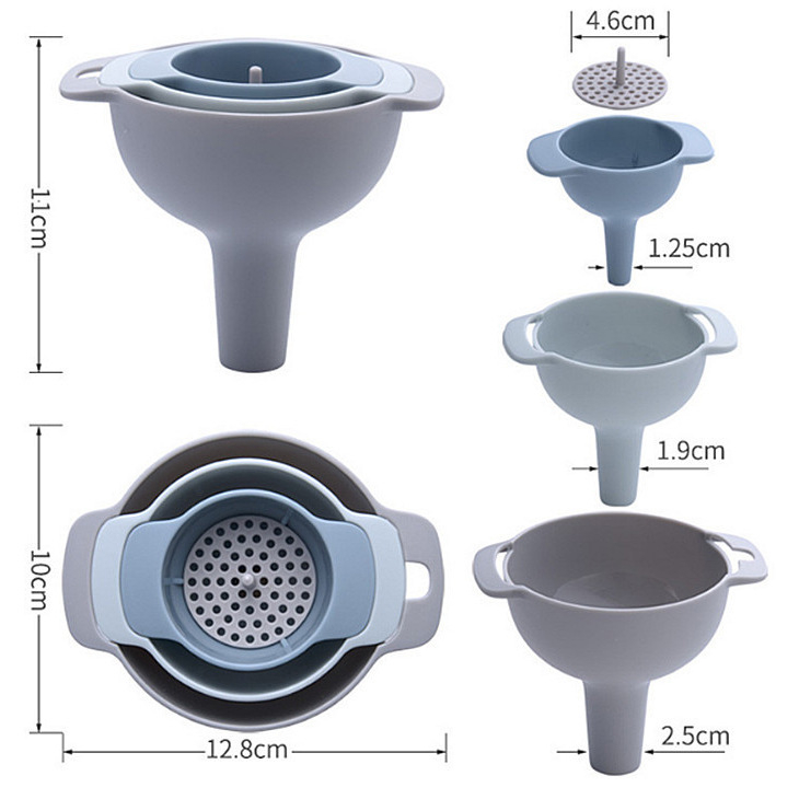 Set plastic bucătărie cu 4 pâlnii, filtru și dozator de ulei, în 4 în 1