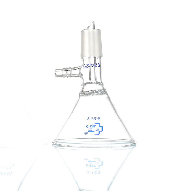 Pâlnie de filtrare din sticlă, triunghiulară, pentru filtrare prin vid, cu placă de filtrare cu găuri multiple și pâlnie de alimentare