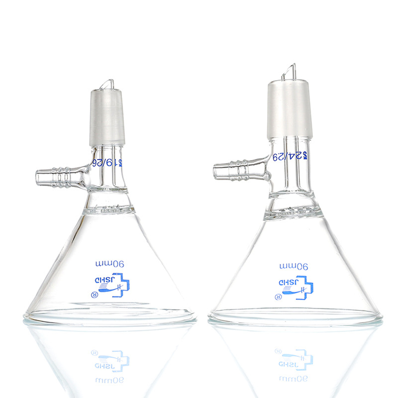Pâlnie de filtrare din sticlă, triunghiulară, pentru filtrare prin vid, cu placă de filtrare cu găuri multiple și pâlnie de alimentare
